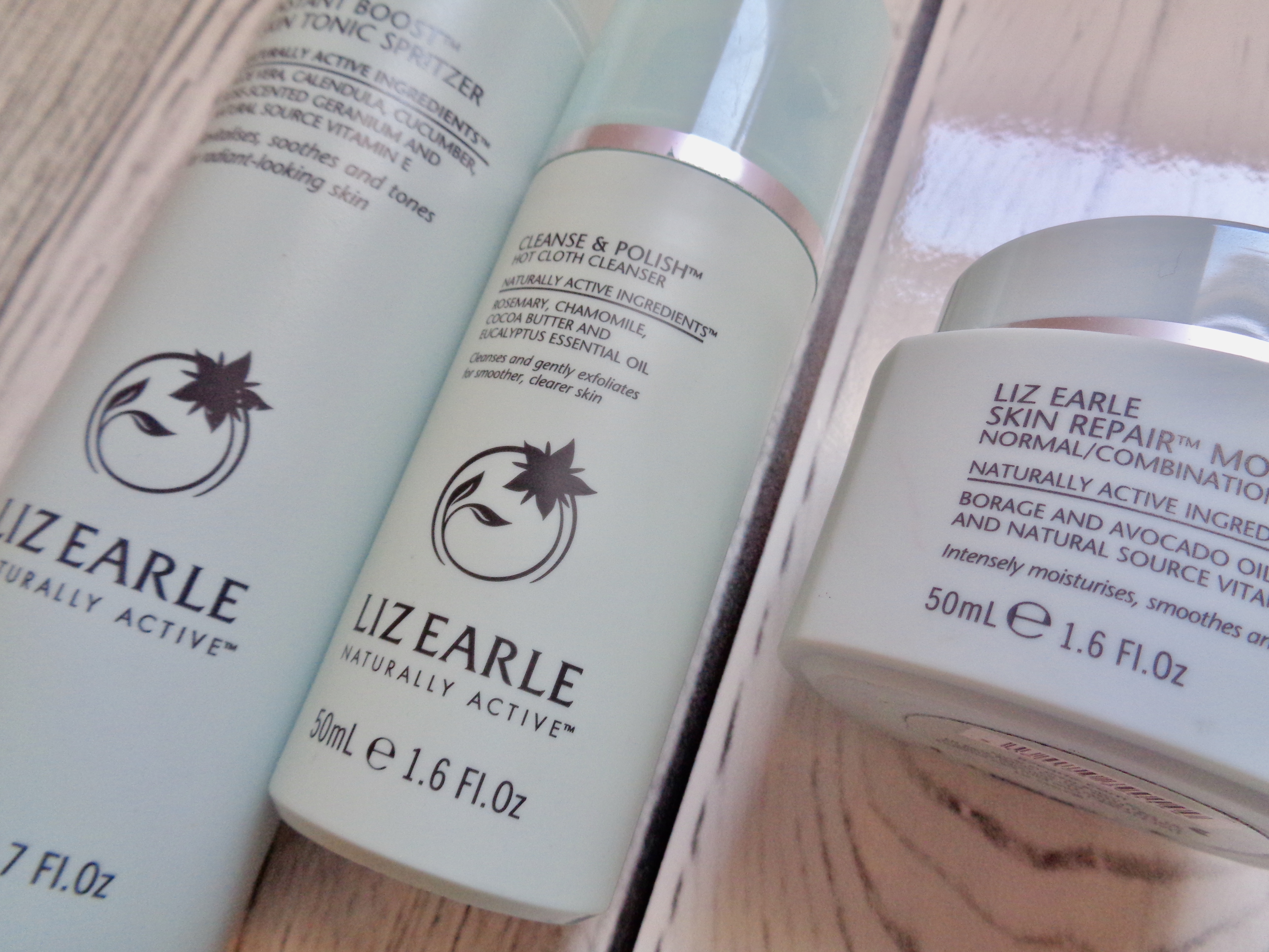 A line of Liz Earle products including the Cleanse and Polish, Skin Tonic Spritzer, and Moisturiser