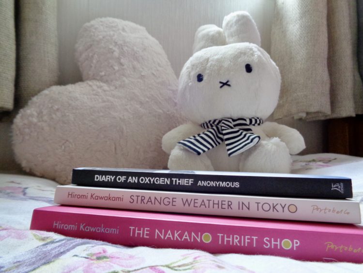 Three stacked books in the foreground, with a Miffy plushie and heart shaped cushion in the background.
