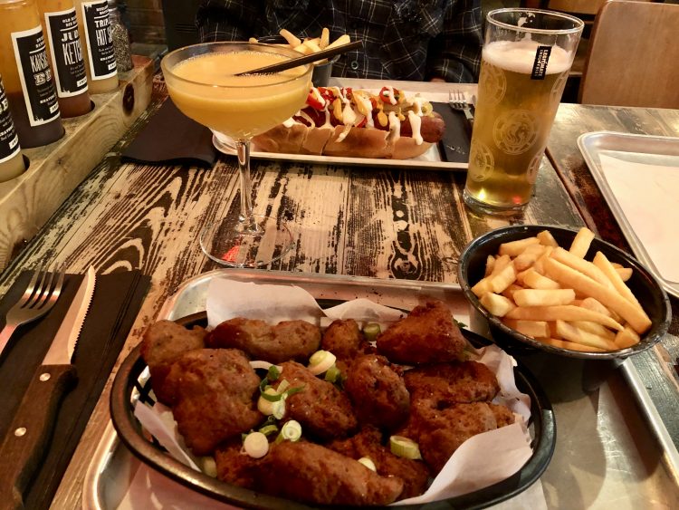 Red's True BBQ Vegan Wings, Vegan Hot Dog, Fries